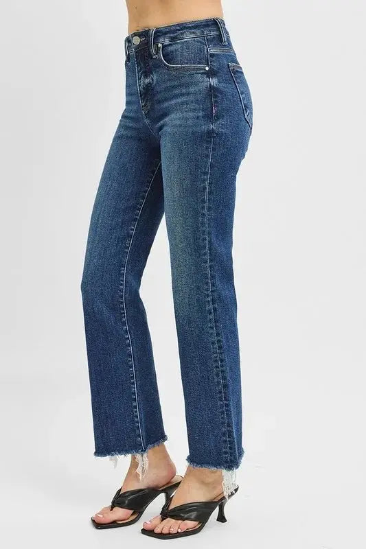 RISEN Tummy Control High Rise Crop Straight Raw Hem Jeans - Love Salve